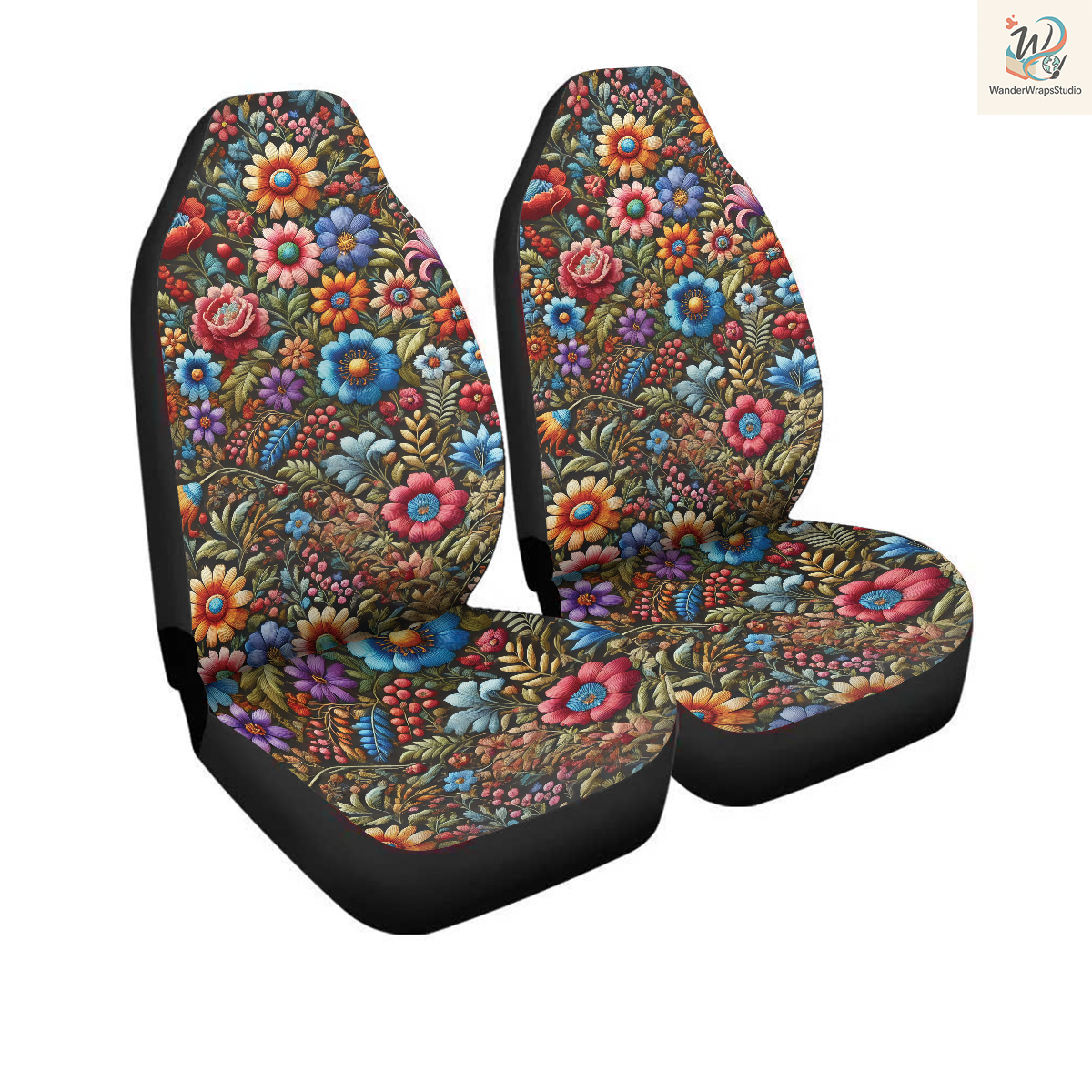 Colorful Wildflowers Faux Embriodery Car Seat Covers – High Quality Graphic and Polar Fleece Protector Set